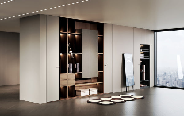 Modern interior design with large windows, neutral walls, and minimal decor.