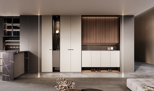 Modern kitchen with white cabinets, wooden shelves, and marble countertops.