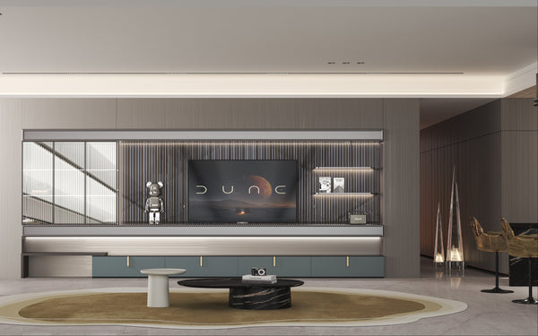 Modern living room with a large TV displaying the brand 'Dune'.