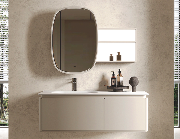 Bathroom vanity with sink, mirror, and decorative items on a neutral wall. rounded edges, integrated sink, shelves with light. oppolia brownie series for singapore carpentry premium quality