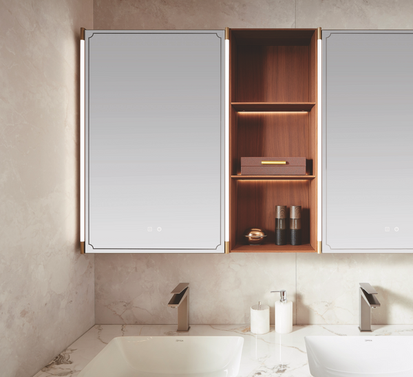 Bathroom with a modern mirror cabinet and sink. Oppolia Yunqi chinese series for singapore carpentry