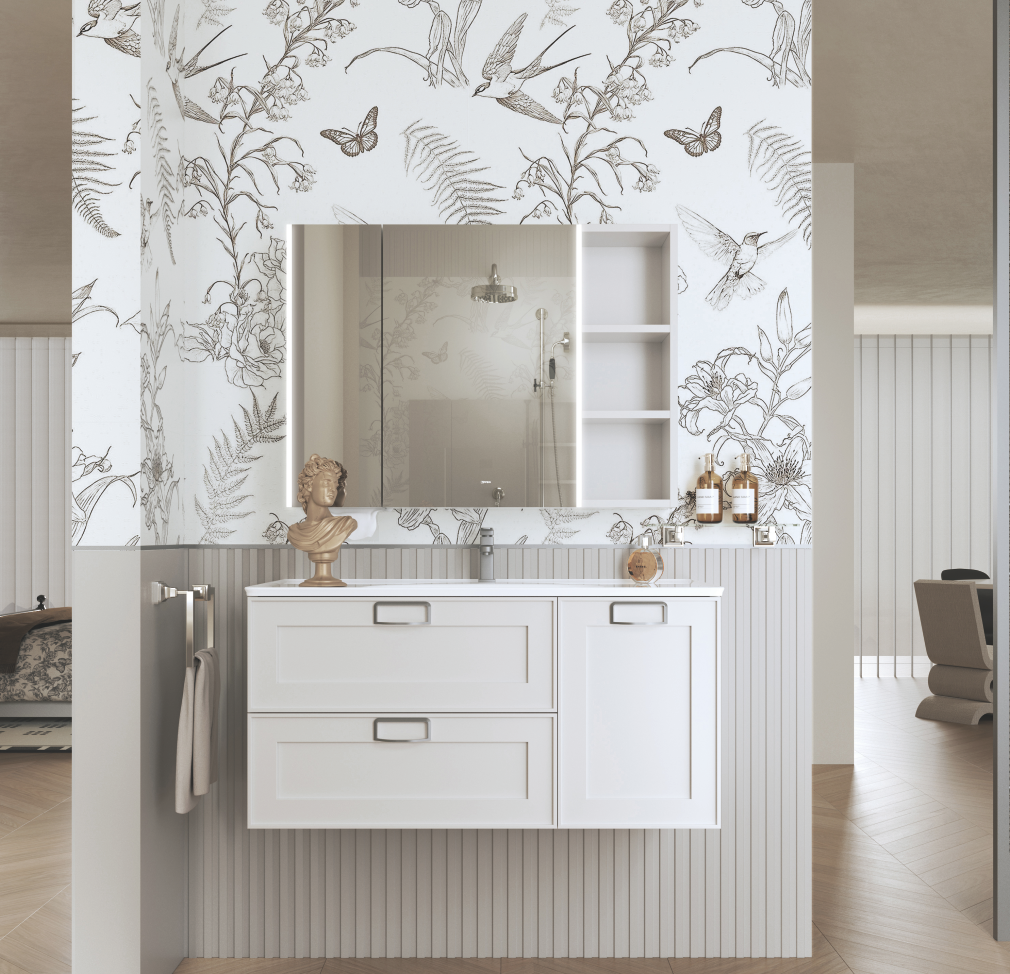 Bathroom with white vanity, mirror, and floral wallpaper Oppolia philoli series for singapore carpentry classical concept shaker doors