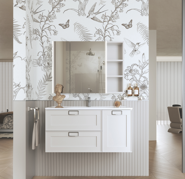 Bathroom with white vanity, mirror, and floral wallpaper Oppolia philoli series for singapore carpentry classical concept shaker doors