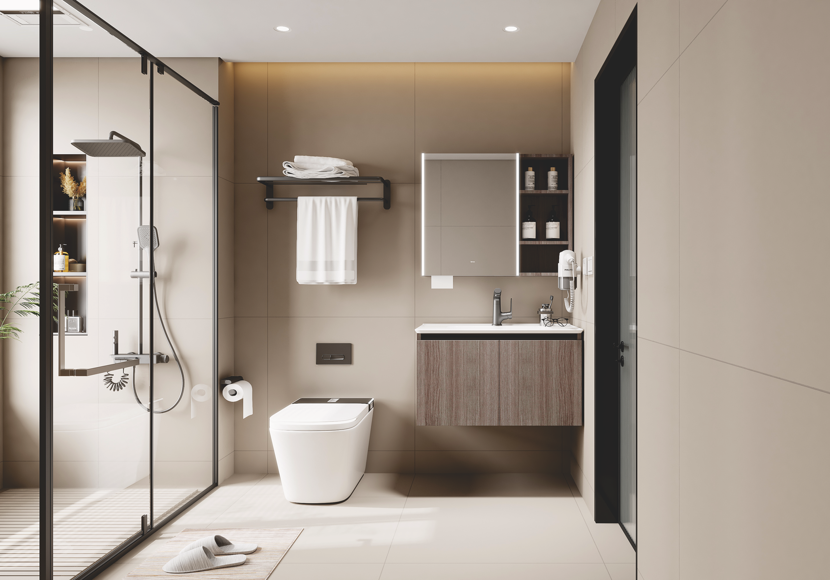 Modern bathroom with shower, toilet, and vanity area. integrated sink in ceramic with waterproof cabinet in solid plywood with melamine finish and mirror cabinet with light from oppolia joy of life series for singapore carpentry