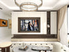 Modern living room with a television mounted on a wall unit. wood beige cream colour with marble coffee table and blum drawers and false ceiling in hdb or condo flat in singapore