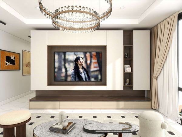Modern living room with a television mounted on a wall unit. wood beige cream colour with marble coffee table and blum drawers and false ceiling in hdb or condo flat in singapore