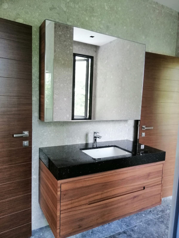 Bathroom Vanity Singapore Landed House Renovation Wood Mirror Cabinet Black Marble Stone Countertop
