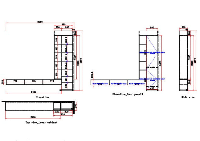 Technical drawing of a cabinet with dimensions and labels