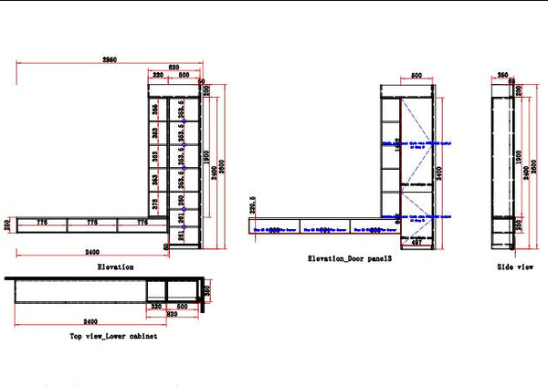 Technical drawing of a cabinet with dimensions and labels