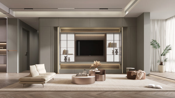 Modern carpentry for living room with a television, sofa, and decorative elements from a carpentry workshop in singapore for home renovation project
