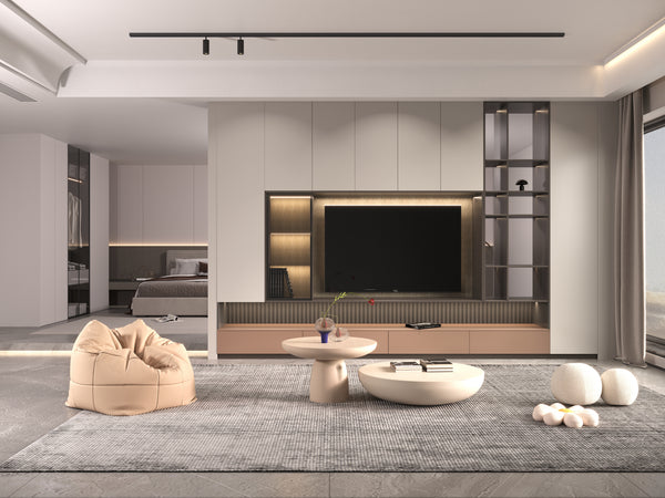 Modern living room with a television, sofa, and decorative items. Off white, beige, copper colours 