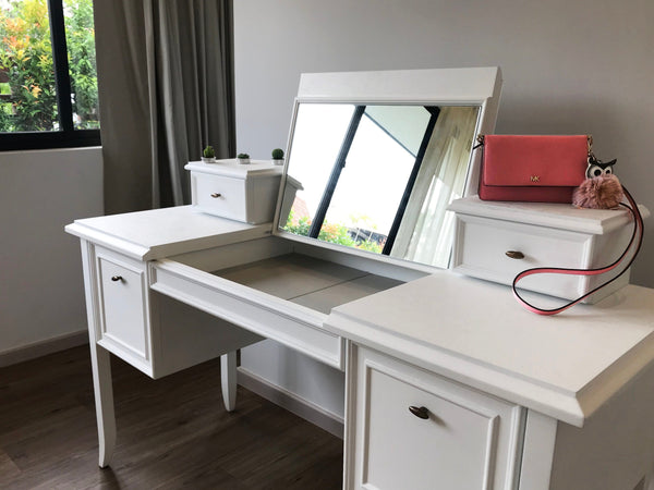 white desk make up table vanity cabinet with leather padding pink handbag mirror drawers in singapore