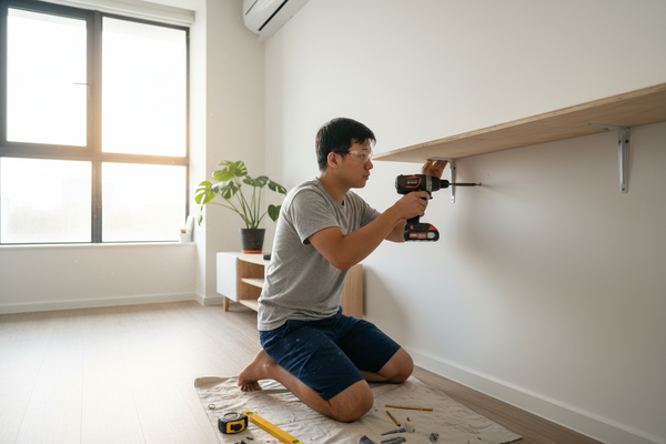 Man using a drill to assemble furniture in a room with a window and plant. singapore hdb bto flat home renovation diy project for plywood cutting service