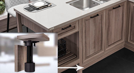 Wooden kitchen cabinet with drawers and a sink, with a close-up of a cabinet leg adjustment.