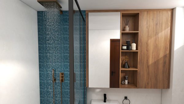 Modern bathroom, wooden shelves, mirror, shower area. rendered drawing oppolia homeshake