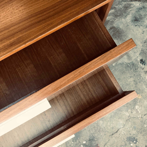 wooden bedside table open drawers in wood veneer with aluminium handles