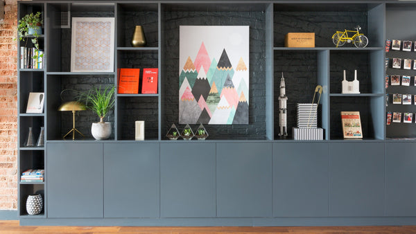 modern bookshelf from best carpenter in singapore using blue laminate and formaldehyde free panels with open shelf and casement doors and blum hinges and blum drawers
