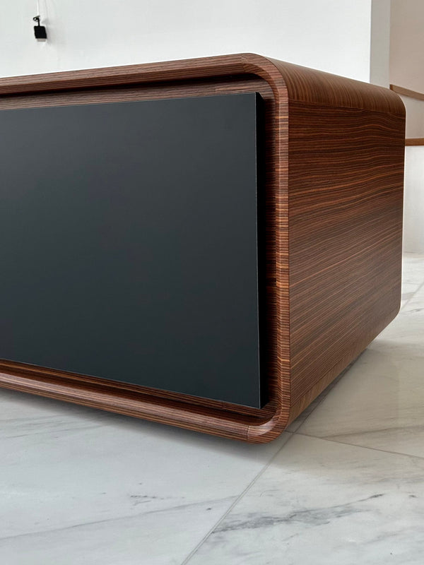 singapore condo with bespoke tv console with rounded corners chamfered edges laminate drawer
