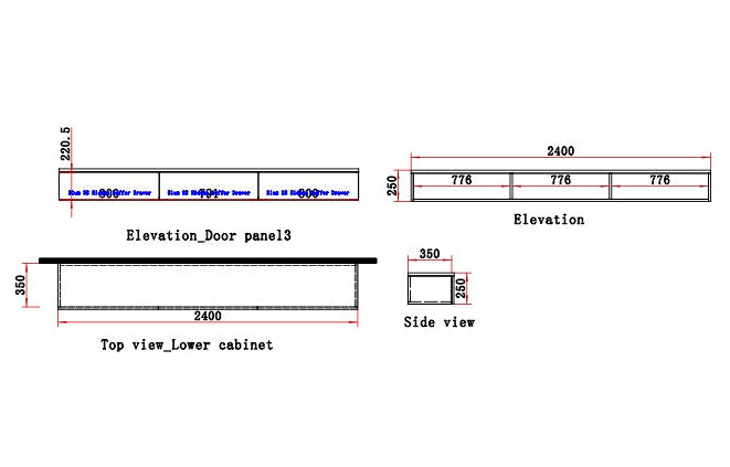 Technical drawing of a cabinet with dimensions and views