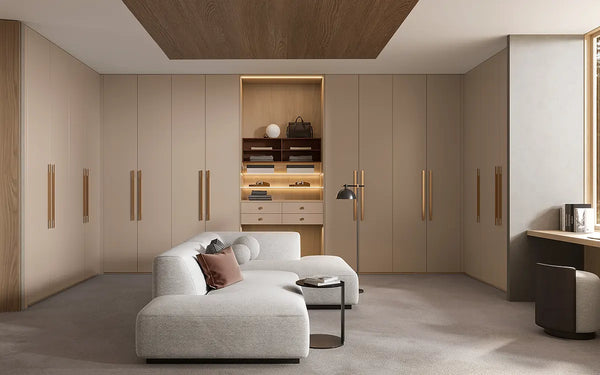 beige casement door wardrobe gold handles vanity drawers