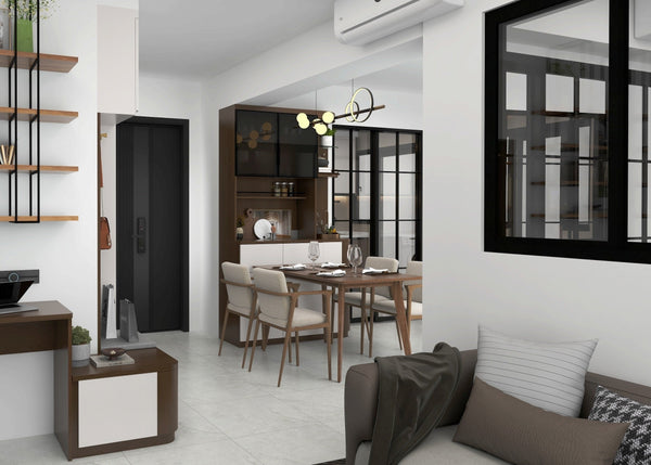 Modern living room with a desk, shelves, and dining area.