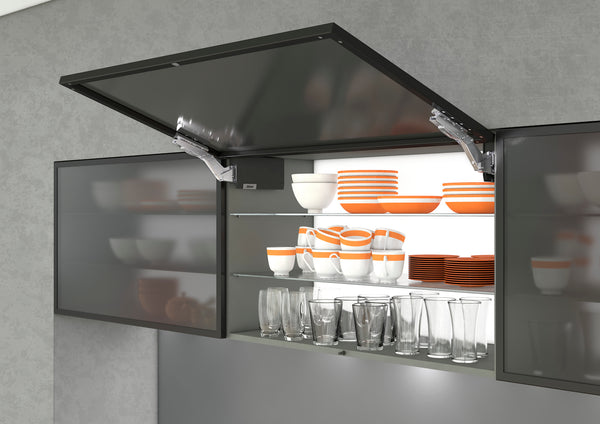 BLUM Aventos HK Top with Aluminium Glass Tinted Door & Tempered Glass Shelves for Modern Kitchen
