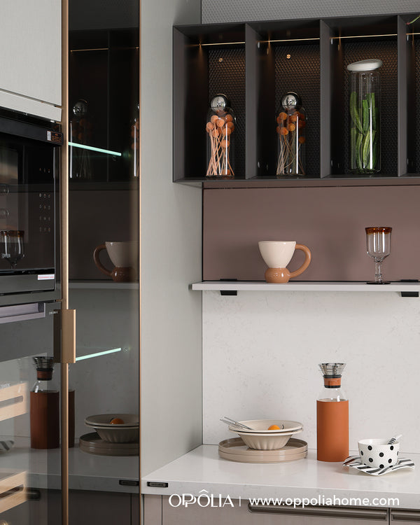 close up view of glass door with gold aluminum frame in oppolia kitchen in singapore