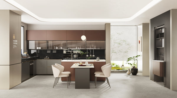 red and grey kitchen from oppolia minimalist series in singapore with gold accents, glass doors, black stone, island