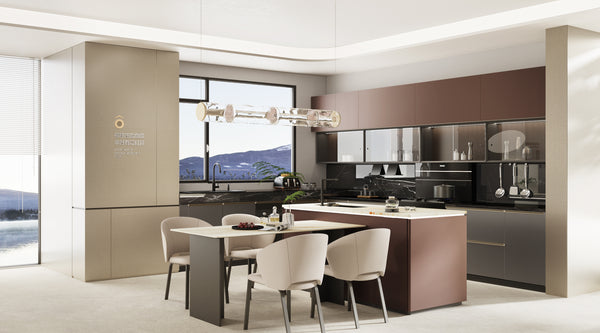 red and dark grey kitchen in minimalist concept with kitchen island and sintered stone dining table