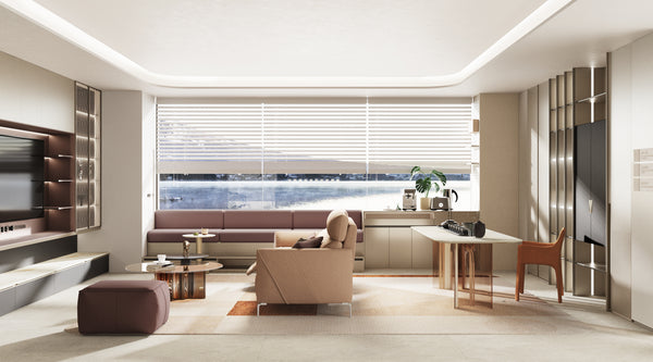 wide angle of luxury living room in singapore with tv cabinet, sofa, desk and wine cabinet in gold, red accents
