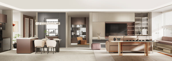red grey beige living room in singapore with minimalist design theme from oppolia including tv feature wall