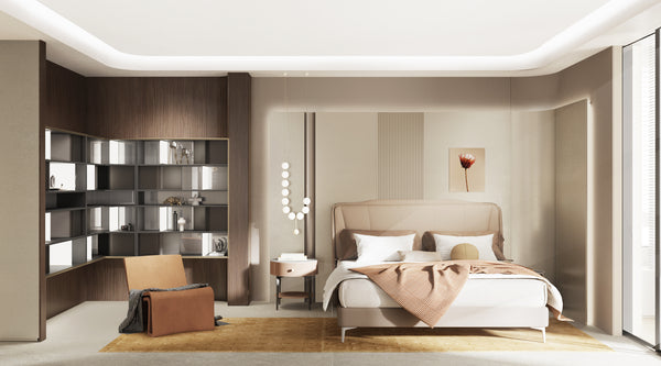 beige and brown wood master bedroom in singapore condo with curved paneling and bookshelf with light