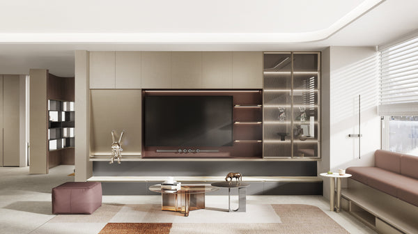 living room in singapore with gold ed grey tv cabinet with sintered stone, glass door with aluminum frame