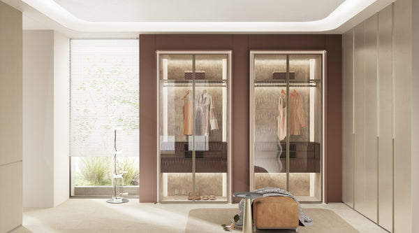 master bedroom walk-in wardrobe in singapore condo in red and gold with minimalist concept glass doors