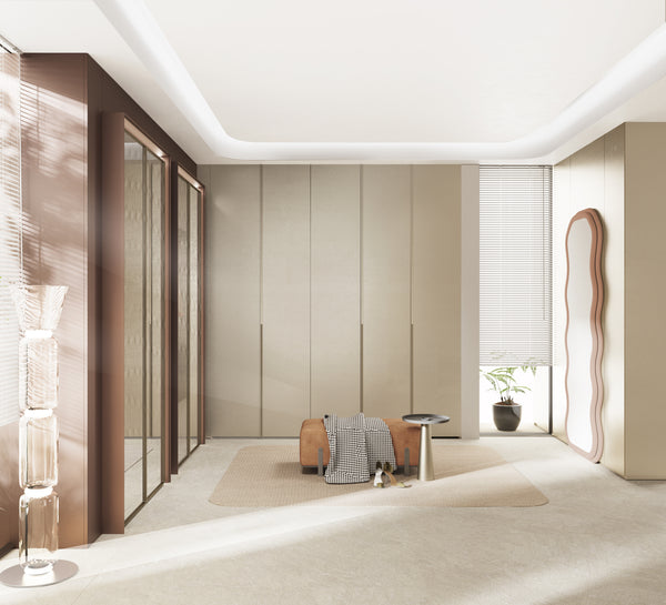 beige casement doors with fingerpull recessed handles in minimalist wardrobe in singapore condo from oppolia