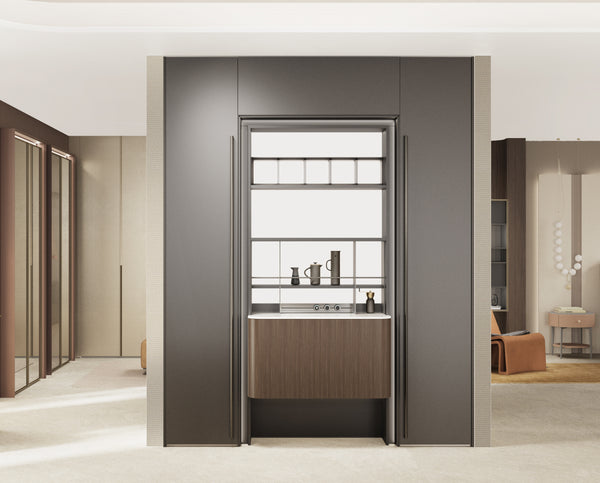 grey and wood wine cabinet in singapore with minimalist concept, sintered stone and curved panels
