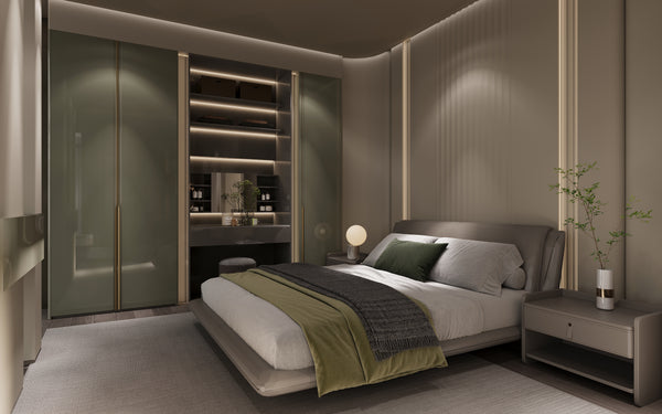 luxury master bedroom singapore condo with green gold wardrobe beige panelling makeup vanity