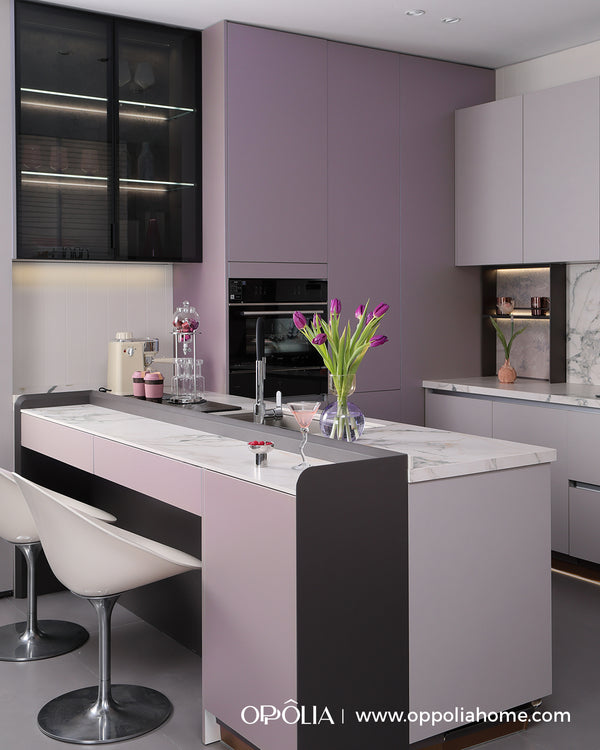 open kitchen in singapore with island in purple colour and white marble countertop
