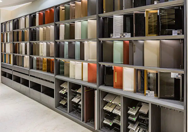 Display of various colored tiles in a showroom setting