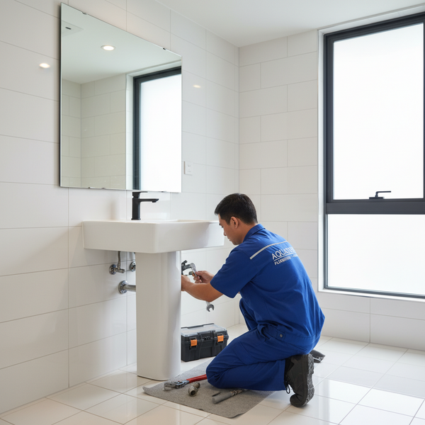 Plumber working on a sink in a bathroom renovation contractor singapore