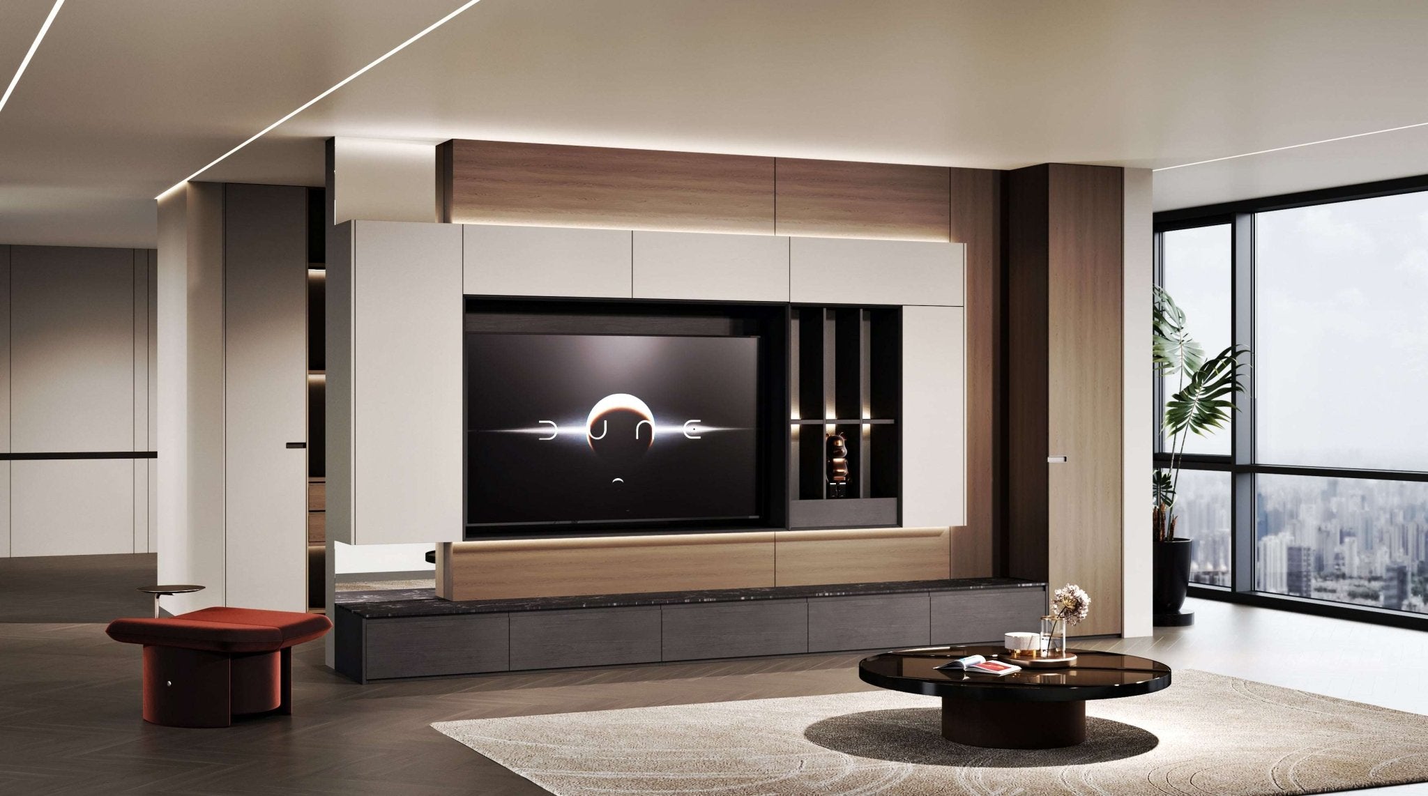TV console cabinet feature wall oppolia renaut series by homeshake stone countertop brown walnut wood beige melamine showroom