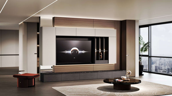 TV console cabinet feature wall oppolia renaut series by homeshake stone countertop brown walnut wood beige melamine showroom