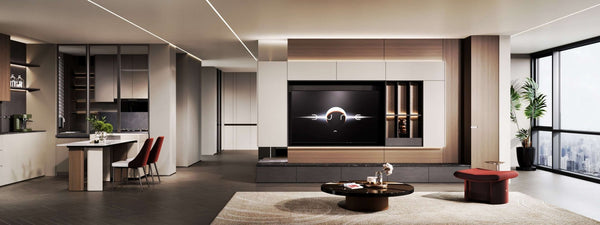 TV console cabinet feature wall oppolia renaut series by homeshake stone countertop brown walnut wood beige full house reno