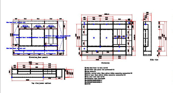 technical drawings of a tv console set with elevations and dimensions and materials from a carpentry workshop and ID firm in Singapore