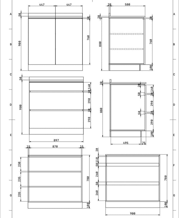 Technical drawing of a kitchen cabinet with dimensions
