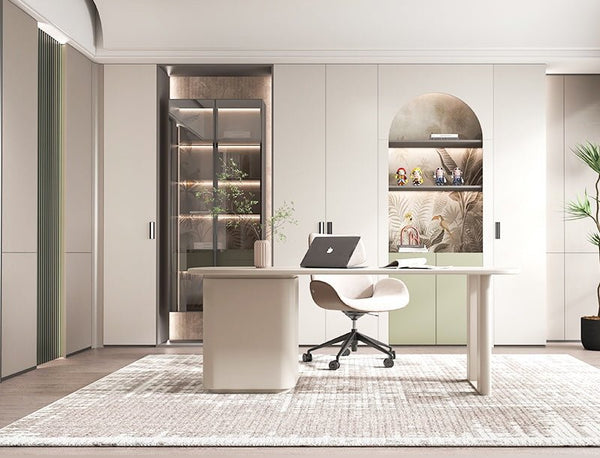 showroom in singapore, beige carpentry, green accents featuring a desk, display cabinet, aluminum glass doors, fluted panels