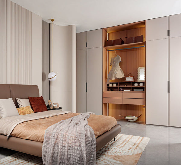 a master bedroom in singapore condo with casement door wardrobe and make up vanity cabinet, king size bed, beige orange